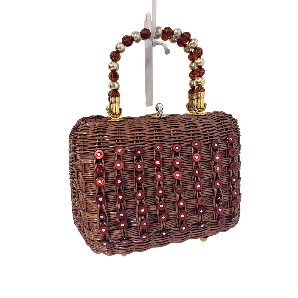 Walborg Wicker Handbag Women Small Brown Good Vintage Beaded Handle Rhinestone